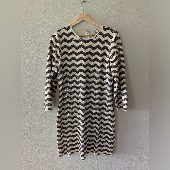 J Crew Full Sequin Chevron 3/4 Sleeve Mini Dress Size M - Picture 3 of 8